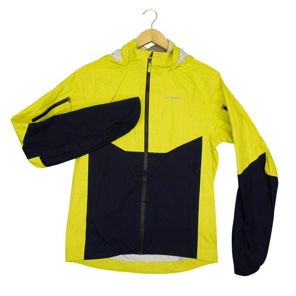 Patagonia Alpine Houdini Jacket Mens S Yellow Navy Blue Hooded Rain Shell Neon